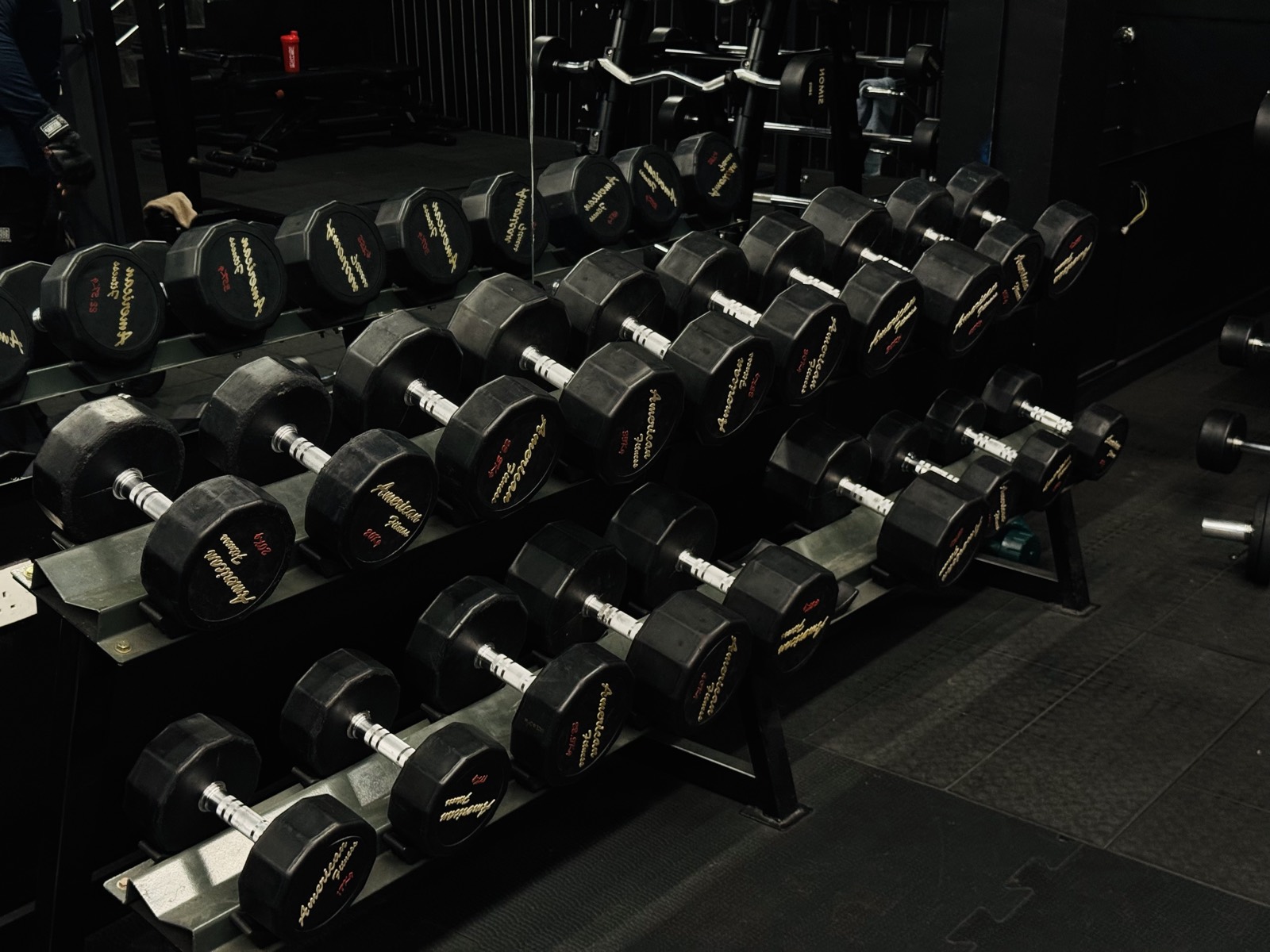 A full rack of rubber hex dumbbells at Premium Fitness